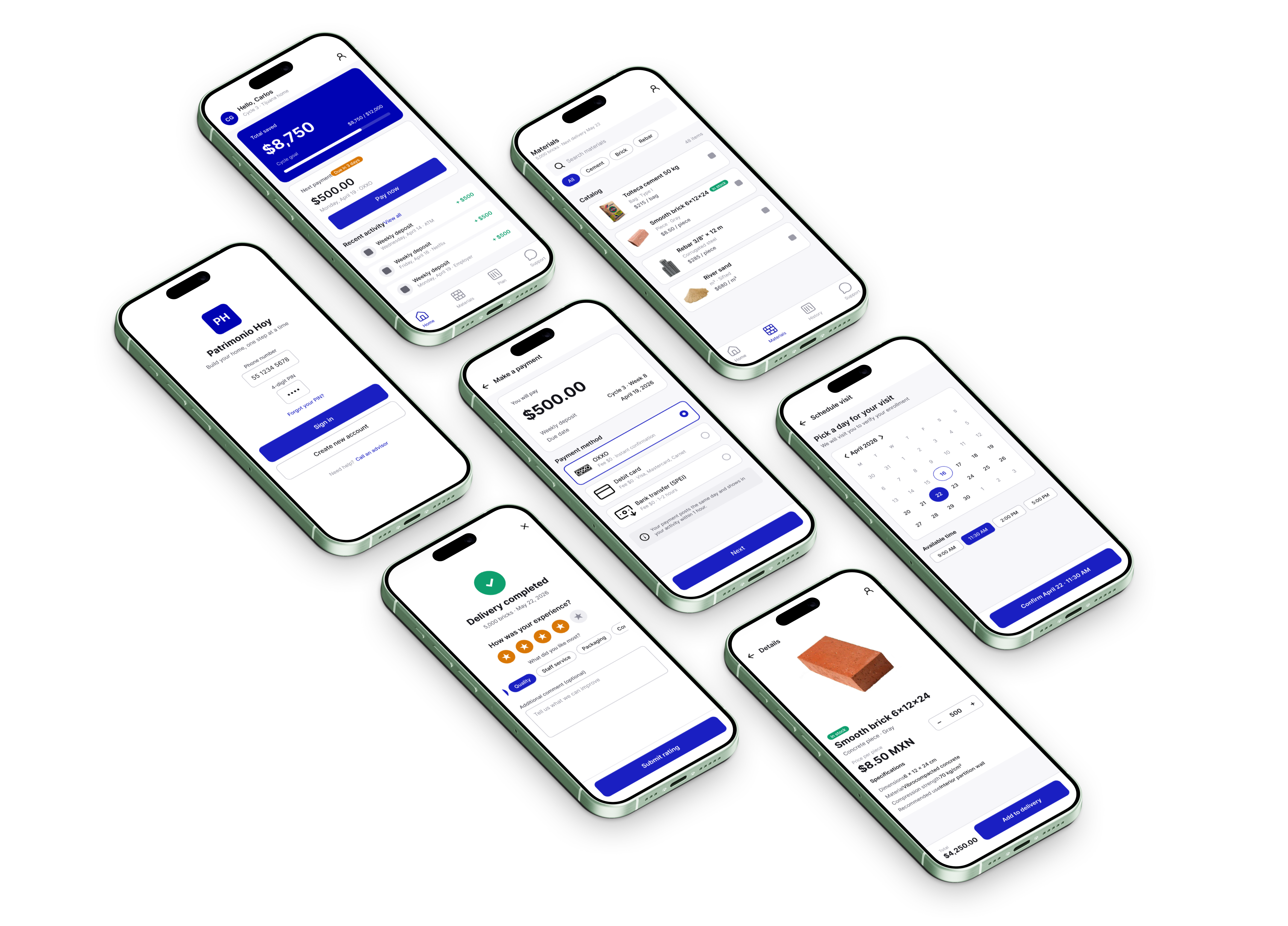 Patrimonio Hoy — 7 mid-fidelity prototype screens: login, dashboard, materials catalog, payment, scheduling, delivery review, and product details